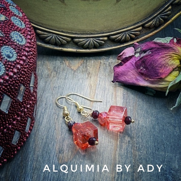 GOLD + RED TURQUOISE + CRYSTAL Victorian long earrings - Picture 2 of 2